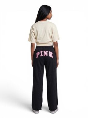 PINK Victoria's Secret Black Wide-Leg Sweatpants with Cherry Patch